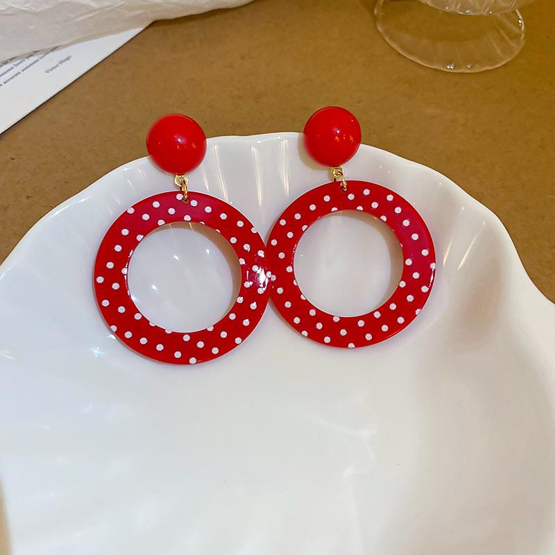 Retro Polka Dot Geometric Circle Earrings - Fashionable, High-End, European & American Style for Women