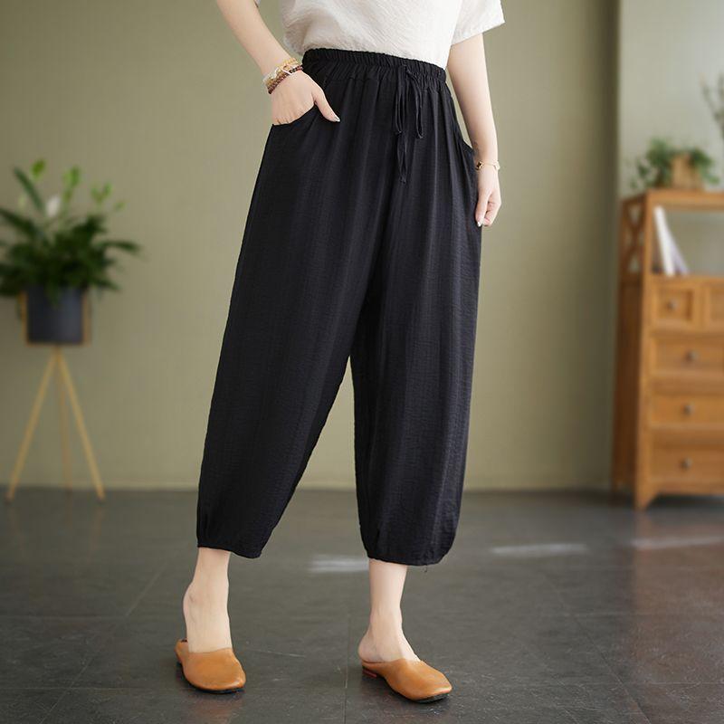 

Женские летние повседневные брюки-фонарики из хлопка и льна Ice Silk с широкими штанинами, большие размеры, свободные, элегантные, универсальные 2XL чёрный