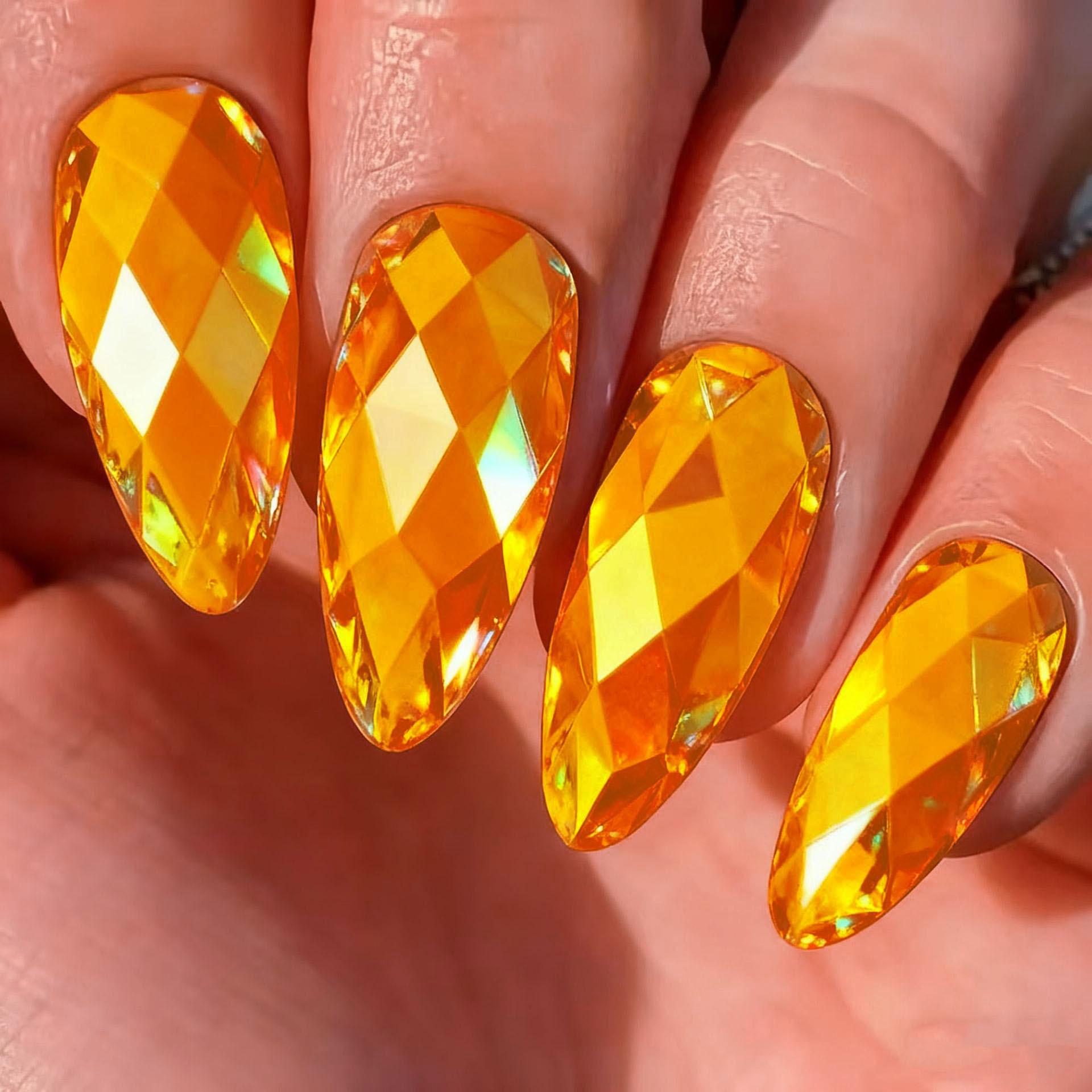 Trendy Iridescent Rhombus 3D Metal Almond Nails - Orange Yellow