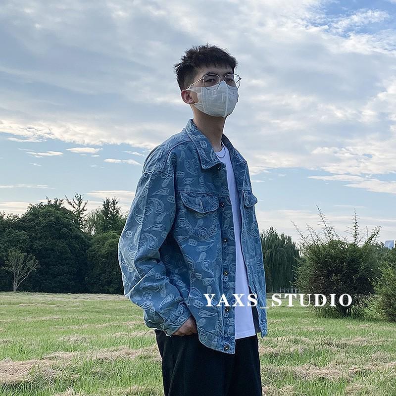 Men's Trendy Cashew Flower Denim Jacket: European & American Street Style, Plus Size, Korean Fashion, Workwear Top for Spring & Autumn.