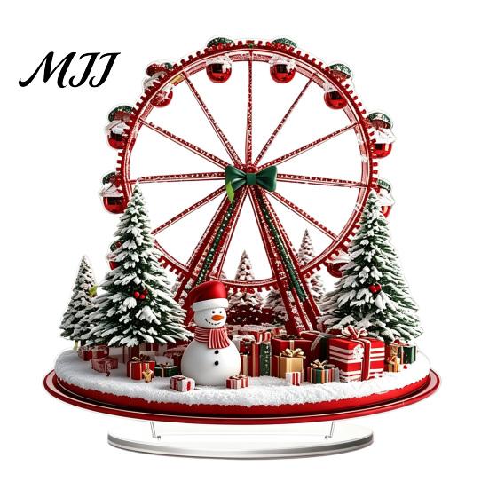 Ferris Wheel Display 2D Acrylic Christmas Tabletop Decoration, Festive Village Scene Ornament Playground Theme with Snowman & Trees, Holiday