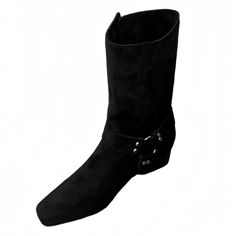 French fashionable design belt buckle thick heel thin boots women's autumn and winter outer wear commuting versatile one-pedal short boots