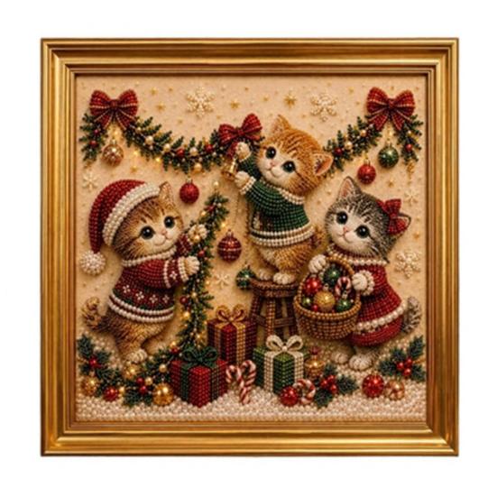 Faux Pearl Painting Kit for Adults Christmas Cat Art with Frame, Kitty DIY Embroidery Kit, 3D Bead Wall Craft Adults, Handmade Home Holiday