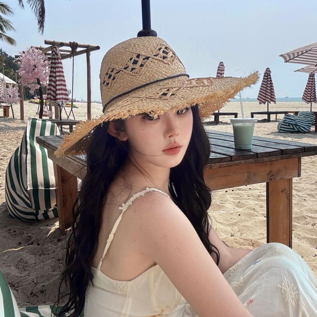 Hollow Lafite Straw Hat Custom Summer Big Brim Sun Hat Seaside Vacation Sun Protection Hat To Map the Source of Samples