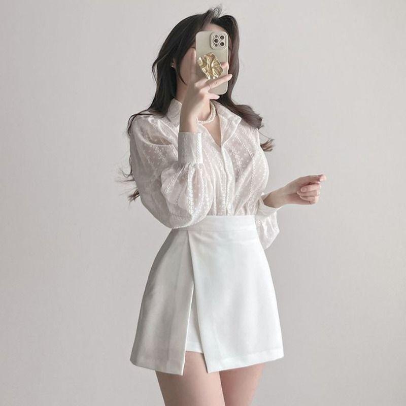 Autumn 2026 Elegant Embroidered Puff Sleeve Crochet Shirt for Women