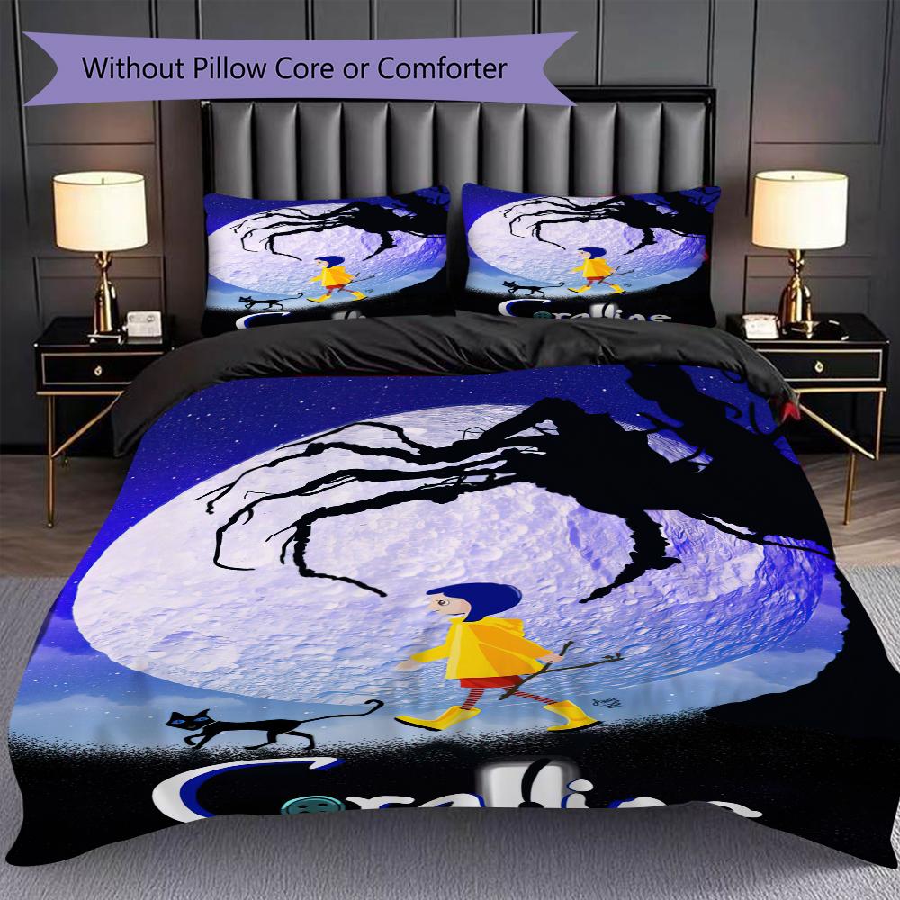 1PC Coraline Pattern Bedding Quilt Set Quilt Cover Pillowcase Home Decoration Birthday Gift (1 * Duvet Cover + 2 * Pillowcase, Without Core)
