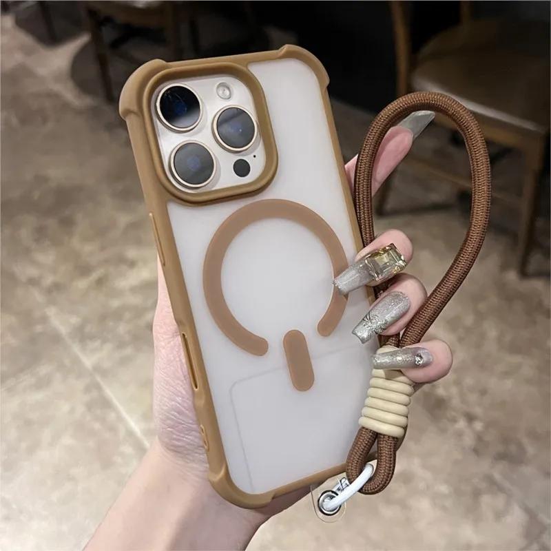 Matte Shockproof Armor For Magsafe Wireless Charge Case for iPhone 17 16 15 14 Plus 13 12 11 Pro Max Clear Wrist Strap Cover