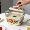 Große Keramik-Suppenschale mit Henkeln, Unterglasur, floral – Haus-Essgeschirr, Nudelschale