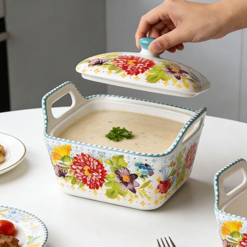 Große Keramik-Suppenschale mit Henkeln, Unterglasur, floral – Haus-Essgeschirr, Nudelschale