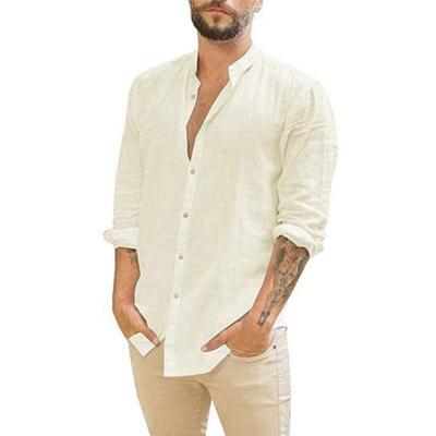 Cotton Linen Men's Long-Sleeved Shirts Summer Solid Color  Stand-Up Collar Casual Beach Style Plus Size