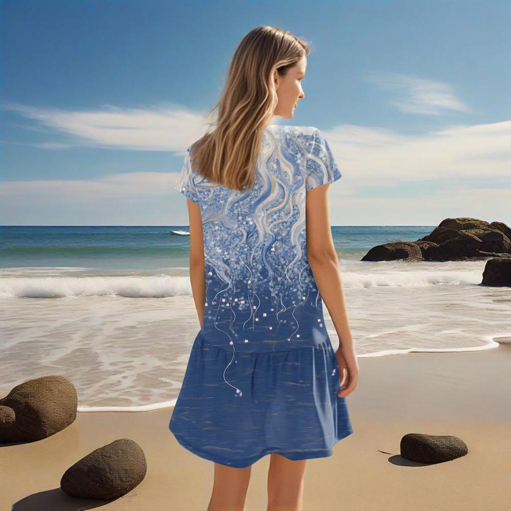 Damenkleider Kurzarm V-Ausschnitt Blumendruck Locker Lässig Temperament Strandkleider