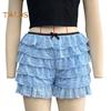 Women Summer Shorts Multi-layered Scattered Hem Ruffle Lace Trim Beach Shorts Lolita Style High Waist Ultra-short Shorts Daily Wear Sleep Shorts