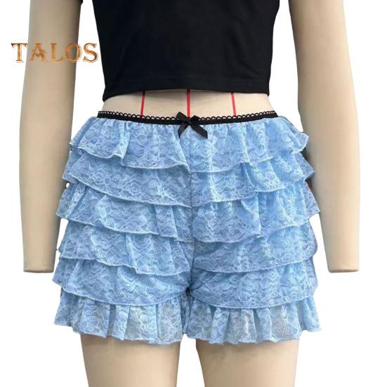 Women Summer Shorts Multi-layered Scattered Hem Ruffle Lace Trim Beach Shorts Lolita Style High Waist Ultra-short Shorts Daily Wear Sleep Shorts