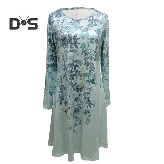 Sommerkleid für Damen, Rundhalsausschnitt, knielang, Blumendruck, A-Linie, lange Ärmel, Pullover, lässig, für den Alltag, langes Kleid zum Pendeln