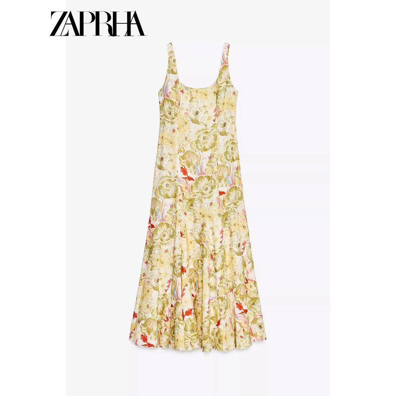 Zaprha 2025 New Arrival Elegant Graceful Linen Blended Printing Slip Dress Waist-Tight Slim Looking 3292175