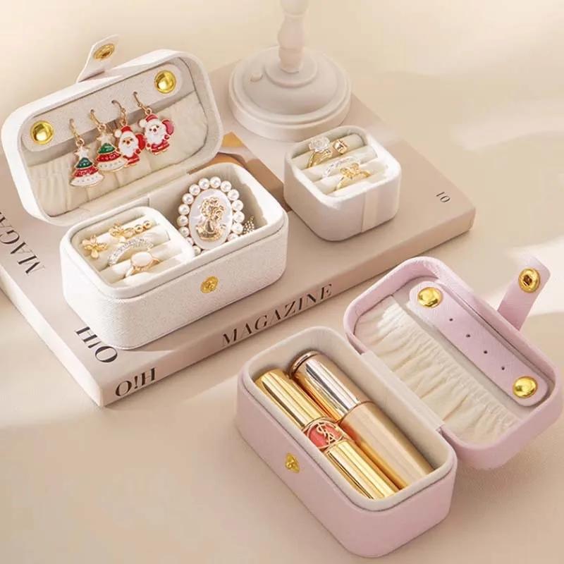 Square PU Leather Solid Pink Color Jewelry Boxes for Women Ring Necklace Earrings Storage Daity Travel Portable Cases