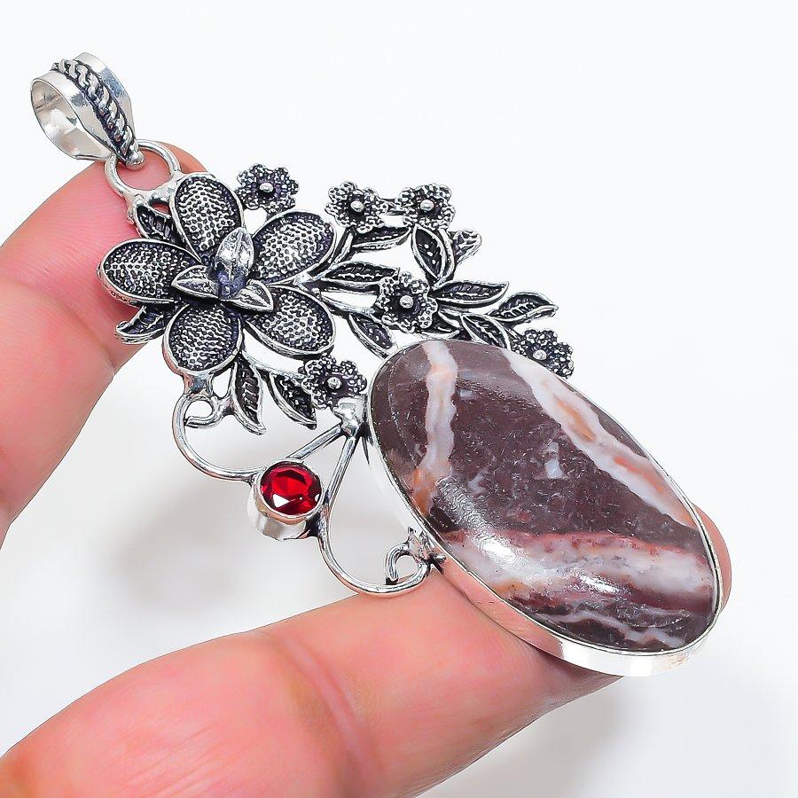 

Natural Cappuccino Jasper, Garnet 925 Sterling Silver Jewelry Pendant 3.35 g7R92