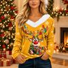Women's Casual Long Sleeve Christmas Print V Neck Top with Plush Collar for Holiday Wear