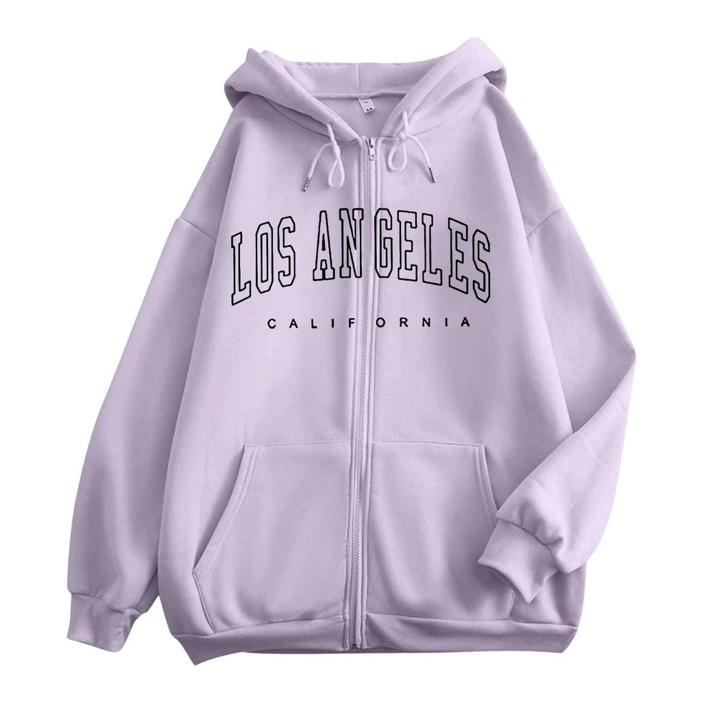 Women's Relaxed Fit Casual Zip-Up Hoodie Sweatshirt with Letter Print