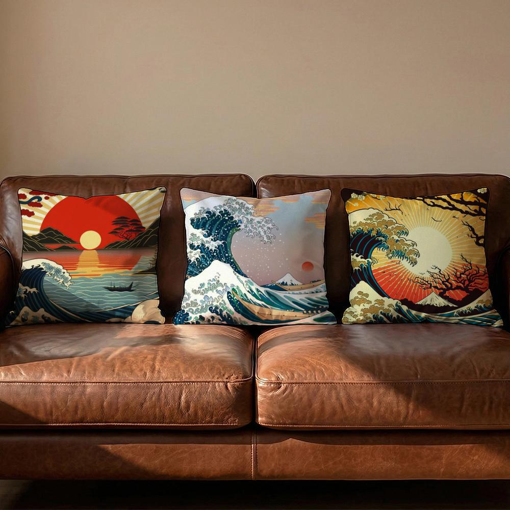 Japanese Waves Cushion Cover Soft Reversible  Durable Pillow Cover  MultiScene Use for Home  Car Daily Comfort