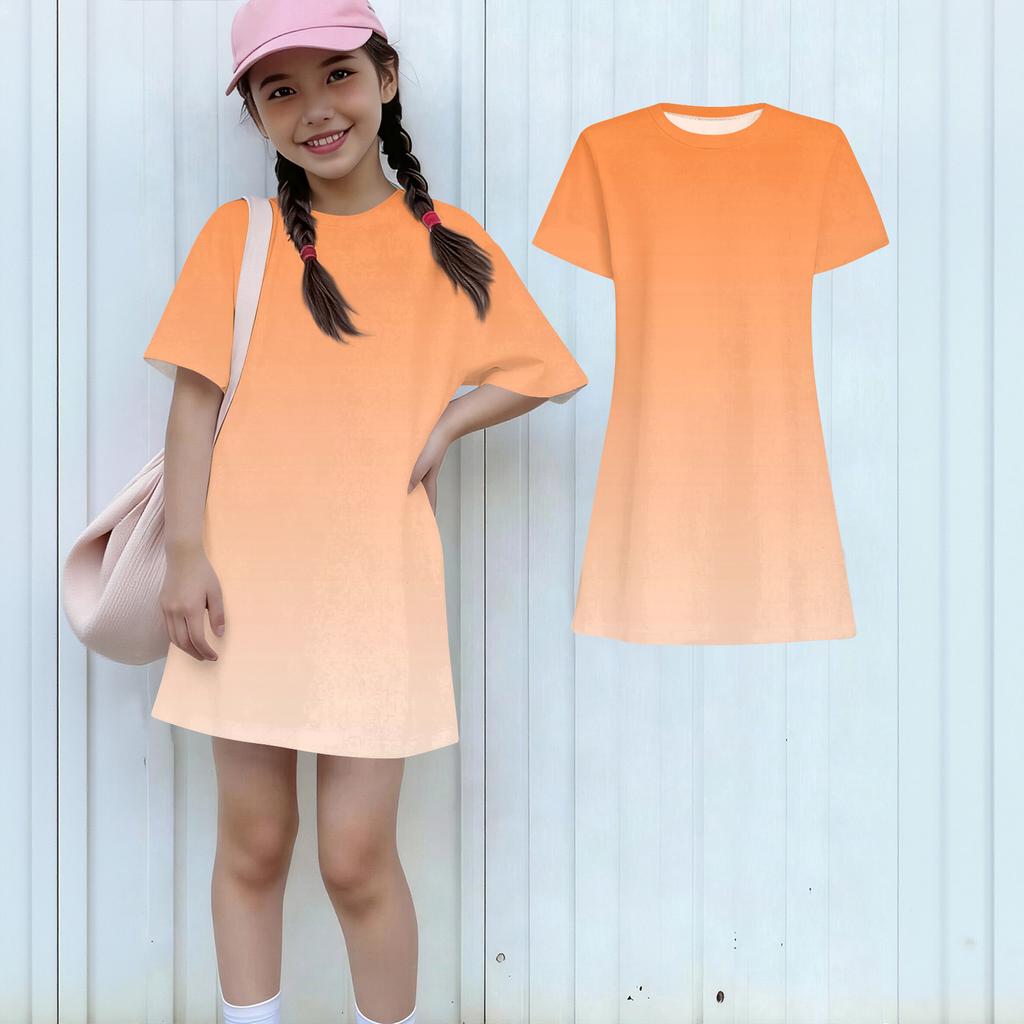 Girls Casual Sundress Kids Loose Round Neck Short Sleeve Lightweight Dress