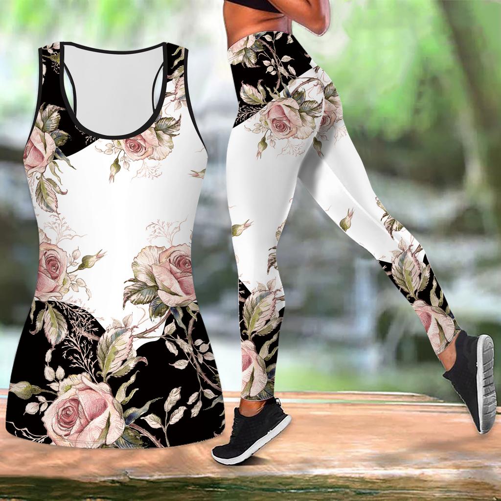 Elegantní jógový outfit s potiskem růží pro ženy Módní cvičební legíny Fitness Sportovní ležérní jógový set Sportovní oblek