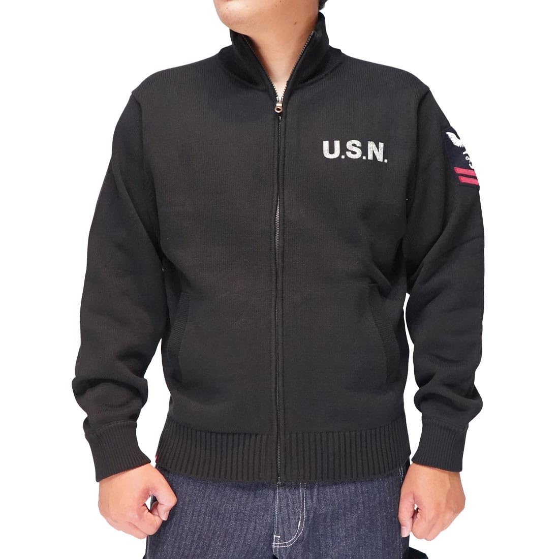 AVIREX Navy Stand Collar Zip Knit Jacket Sweater Men s (Size L, Black) 783-3930012 чёрный