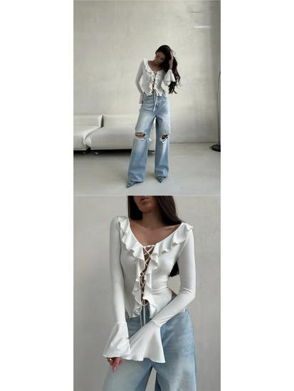 European & American V-neck Lace-up Ruffle Bell Sleeve Top
