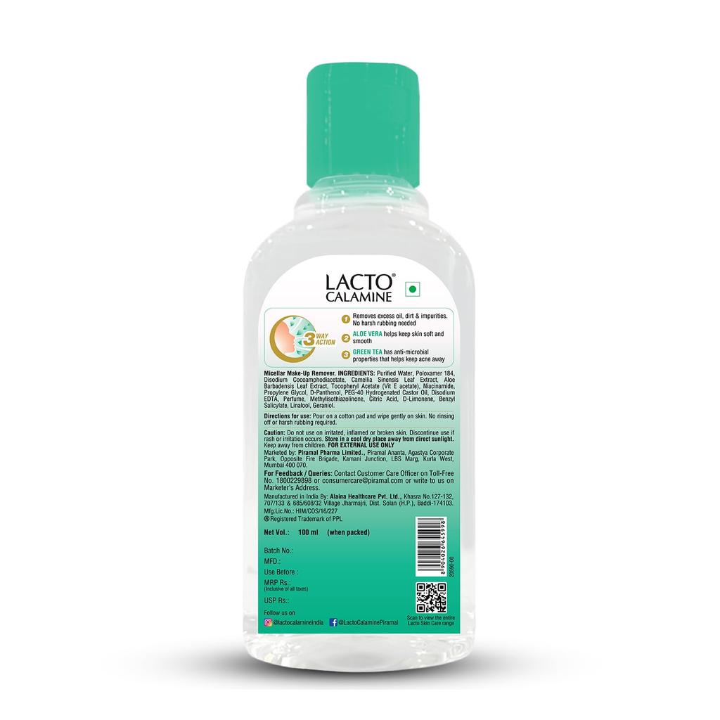 Lacto Calamine Micellar Water Make-Up Remover Liquid 100ml With Aloe Vera Green Tea Niacinamide