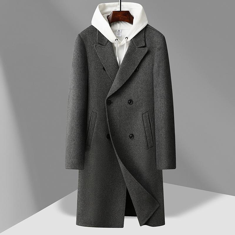 Manteau en laine double face 100% laine pour homme, classique long au-dessus du genou, croisé, avec doublure amovible en duvet, manteau en laine