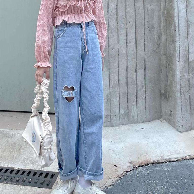Jeans Kvinner Sommer Hjerte Hollow Out Empire Fashion Denim Mujer Hipster Student Nydelig Minimalistisk Retro Daglig Nye Bukser