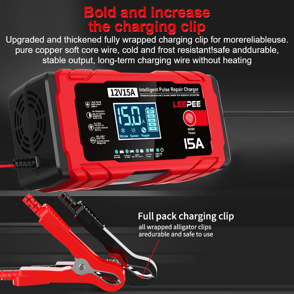 Intelligent Pulse Repair Maintenance Lead-Acid Smart Battery Charger 12V 15A 12A Car Motorcycle Battery Charging Multifunctional Portable 2025 New