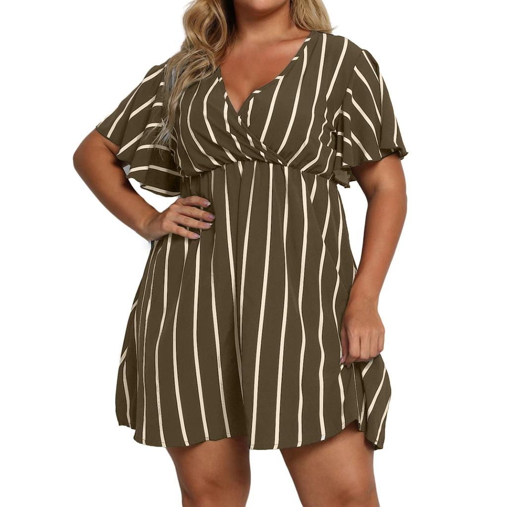 Damen Plus Size Gestreiftes V-Ausschnitt Freizeit Sommerkleid mit Kurzen Ärmeln, Fließendes A-Linien Design, Bequeme Passform