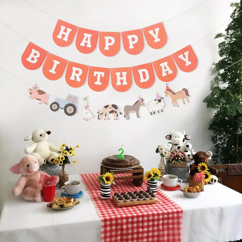 Farm Happy Birthday Banner - Kids Farmyard Birthday Party Decorations, Farm Animals Party Supplies, Happy Birthday Banner with Tractor, Farm Theme