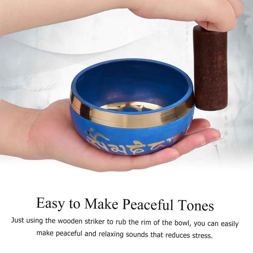 Blue Tibetan Singing Bowl Set with 9.5cm 3.7inch Handmade Metal Sound Bowl & Soft Cushion & Wooden Striker for