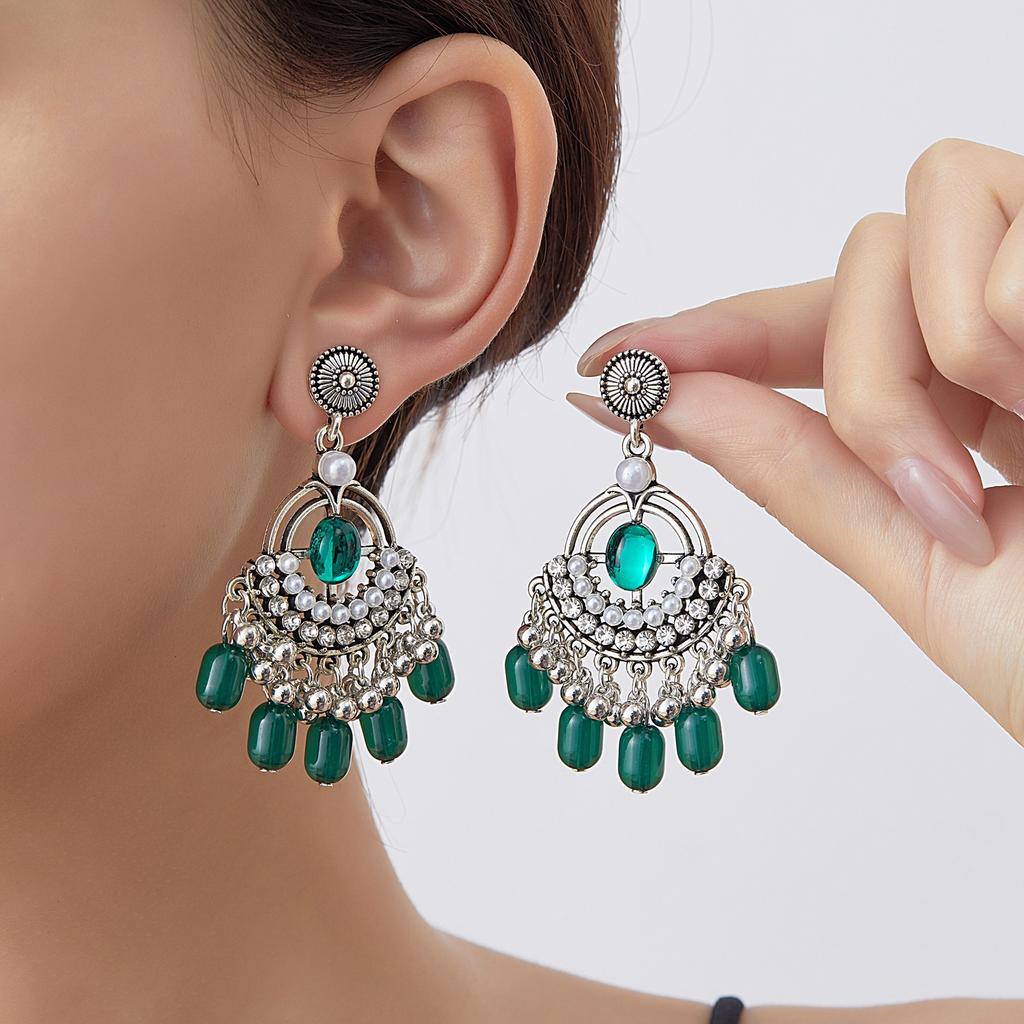 Retro Ethnic Style Rhinestone Tassel Earrings for Women , Nepal Fashion Dangle Earrings , Classic Elegant Drop Earrings