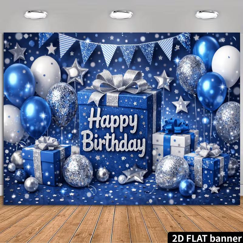 2D Coole Blaue Glitzer Konfetti Happy Birthday Hintergrund Banner mit Wimpelketten