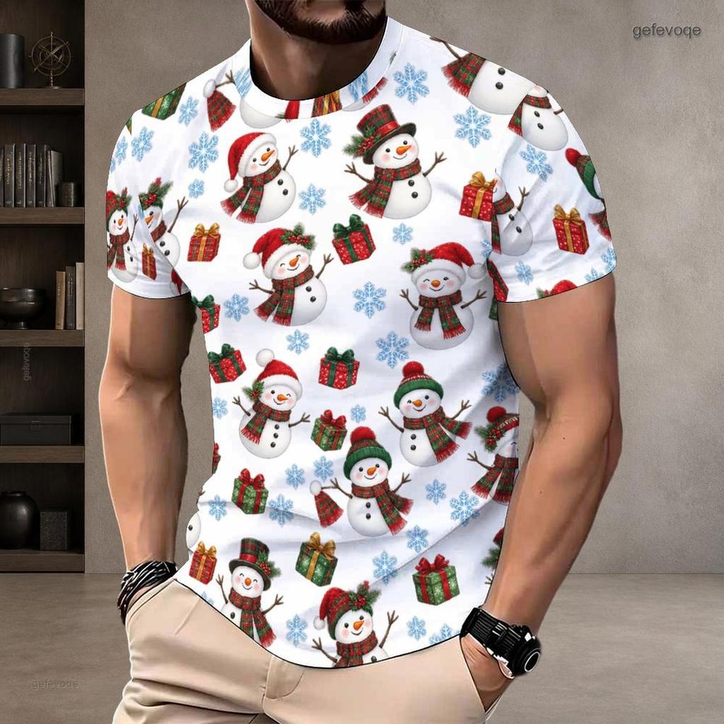 Men Plus Size Round Neck Short Sleeve T Shirt Christmas Teddy Bear Printed White Pullover