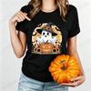 Women's Halloween T-Shirt Halloween-ghost-with-sunflower-hat-and-pumpkin-spooky-fun-with-bats-and-fall-vibes Print T-Shirts Gift