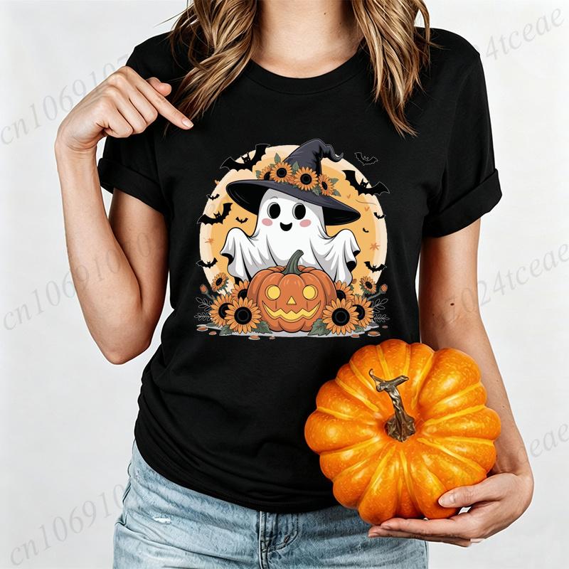 Women's Halloween T-Shirt Halloween-ghost-with-sunflower-hat-and-pumpkin-spooky-fun-with-bats-and-fall-vibes Print T-Shirts Gift