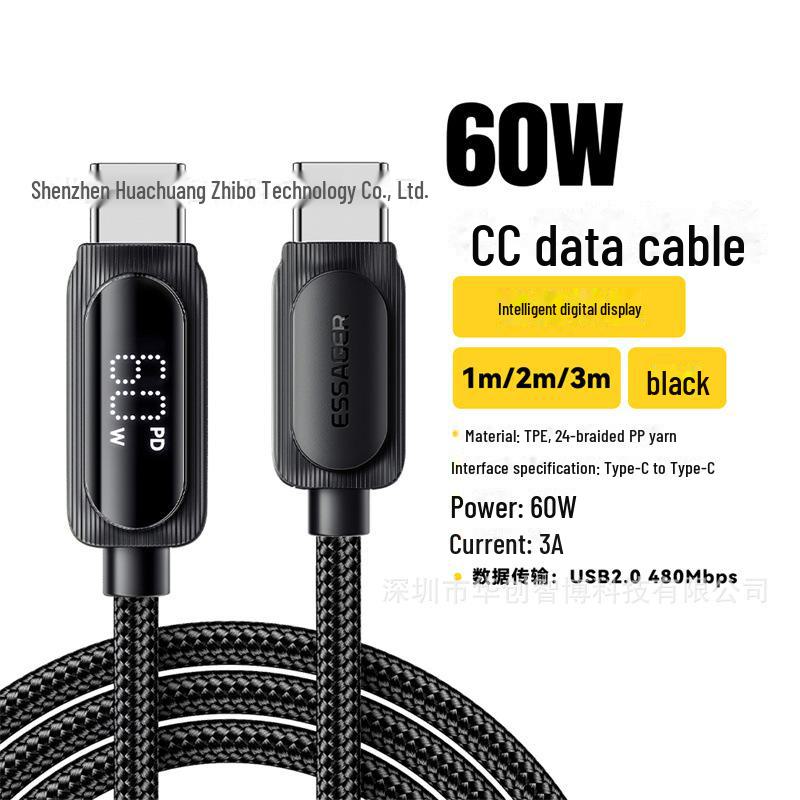 

Кабель передачи данных ESSAGER Xile Series CC Digital Display, 60 Вт/100 Вт, для быстрой зарядки мобильных телефонов, планшетов и ноутбуков 1m, 60W чёрный