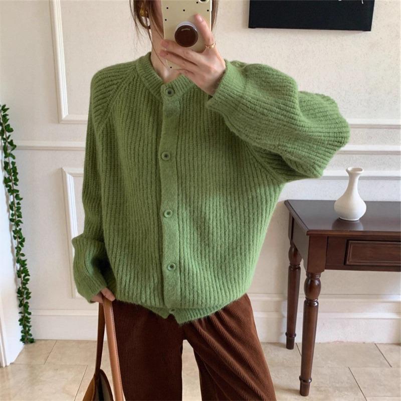 Lazy Wind Thick Needle Crew Neck Sweater Jacket Women's Autumn and Winter New Loose Thickened Soft Waxy Knitted Cardigan Top