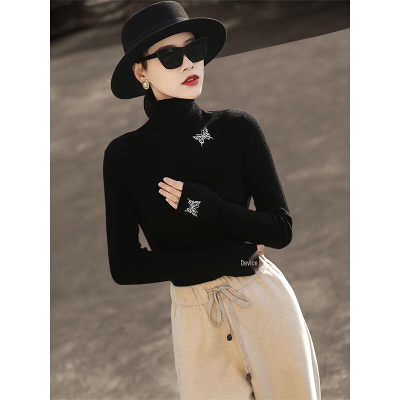 Women s Elegant Butterfly Rhinestone High Neck Knitted Top M