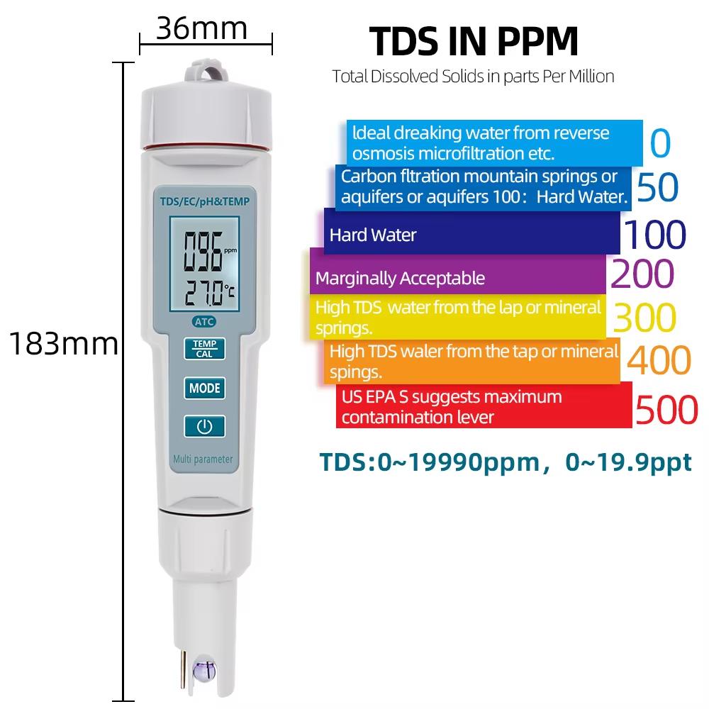 4 In 1 Water Quality Tester TDS EC Temp PH Meter Acidity Tester Pen Thermometer for Swimming Pool Hydroponic