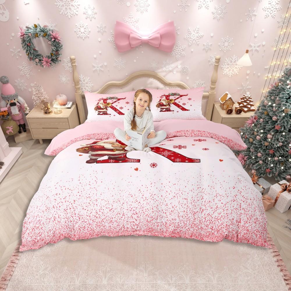 Homewish Červený Set povlaku na přikrývku s písmeny A až M, Kawaii Kreslený Set ložního prádla s Santa Clausem, Veselé Vánoce Oboustranný Set do postele