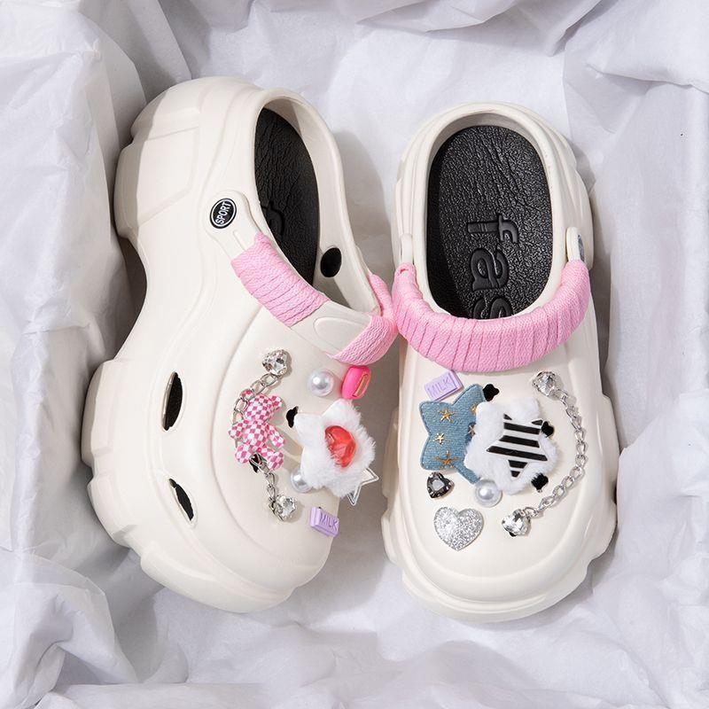 Zapatos de agujeros con suela gruesa para uso exterior de verano DIY dulce y fresco estilo Y2K estrella de cinco puntas elevador de bolsa zapatillas frescas