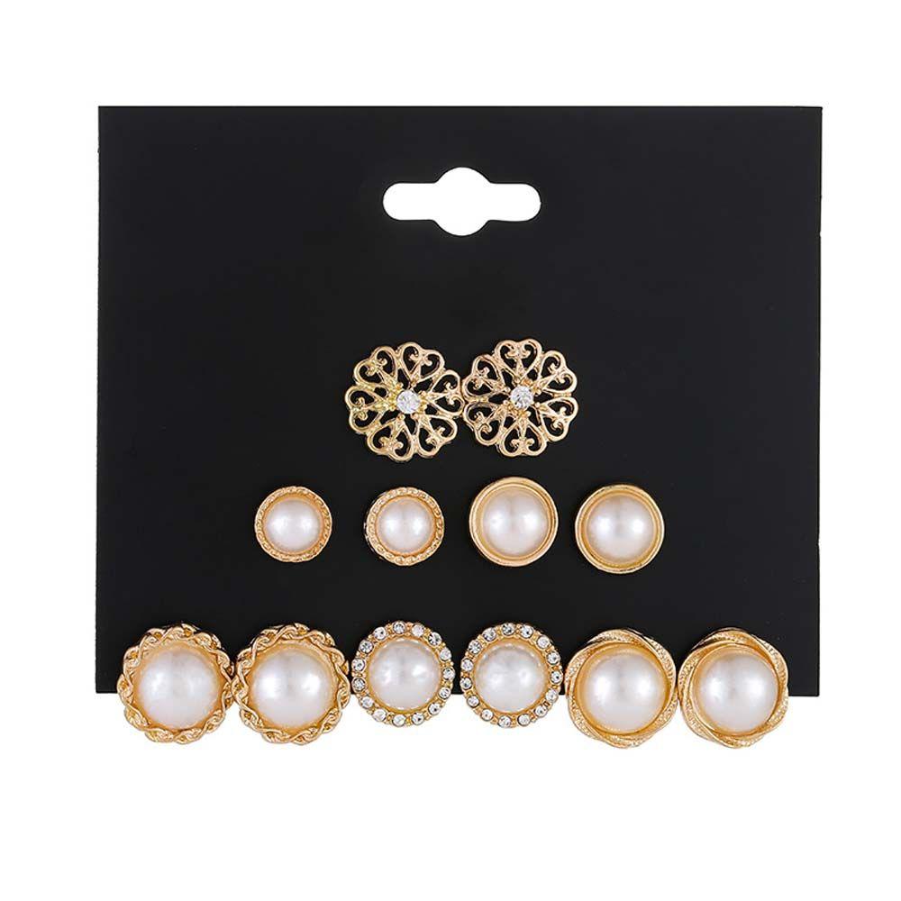 For Women Hollow Gold Color Round Simulated Pearl Stud Earrings Earring Sets Jewelry Accessories