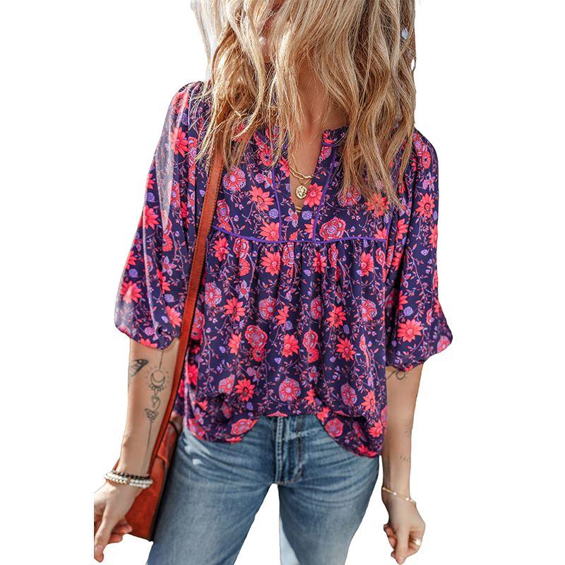 American Shiying Spring New Arrival Florals V Neck Chiffon Shirt Women 2025 Fashion Fashion Colorblock Half Sleeve Tops
