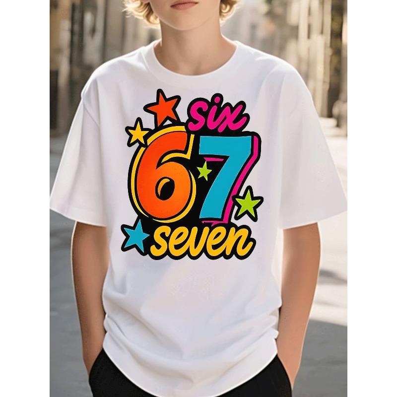 Boys Black Crewneck Tee, Trendy Number 6 7 Star Graphic Print Street Style Casual Kids Top Holiday Gift