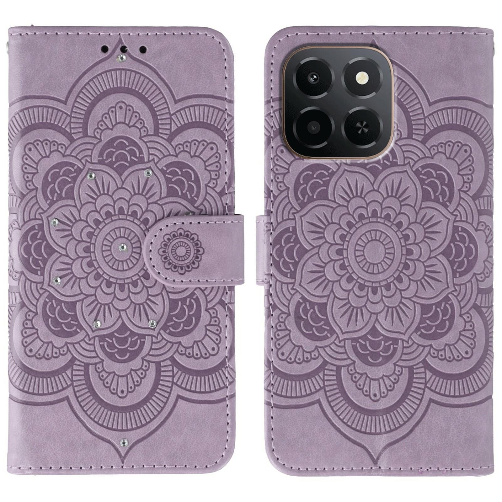 

For Honor X6c 4G Case Rhinestone Decor PU Leather Mandala Imprinted Design Phone Cover with Wrist Strap Purple
